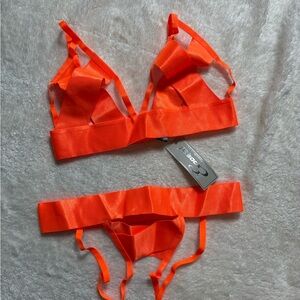 Exposed Neon Orange Strappy Lingerie Set